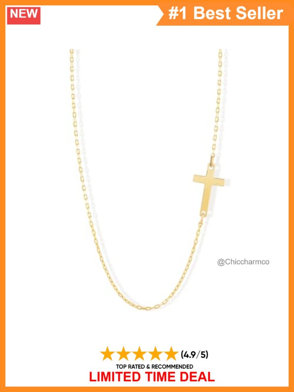 10K Solid Gold Dainty Sideways Cross Pendant Necklace 18 Inch Chain